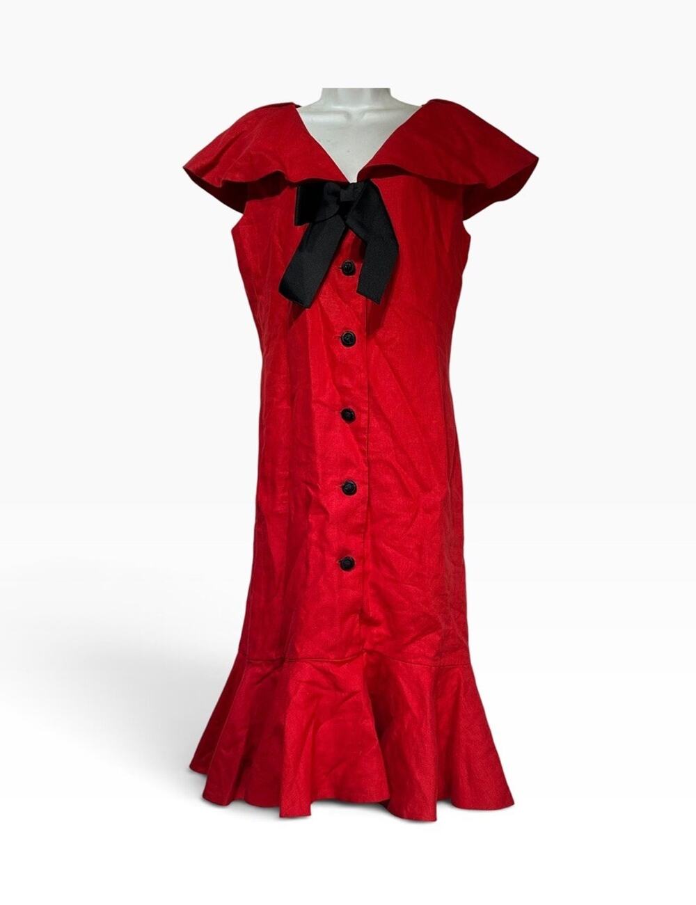 Rickie Freeman for TERIJON Women’s Size 8 Red 100% Linen Bow Ruffle Maxi Dress